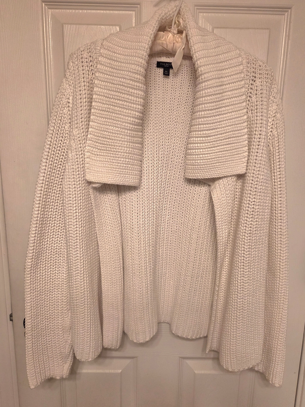 New Talbots White Open-Front Ribbed Shawl Collar Cardigan